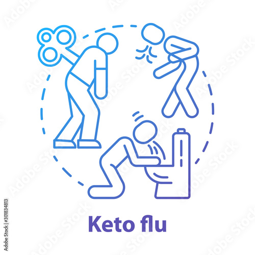 Keto flu blue gradient concept icon. Ketogenic diet side effects idea thin line illustration. Carb withdrawal. Nausea, fatigue, pain. Disease symptoms. Vector isolated outline drawing