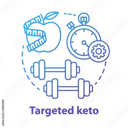 Targeted keto blue gradient concept icon. Ketogenic food idea thin line illustration. Diet and workout. Healthy meal and fitness. Sport, healthy lifestyle. Vector isolated outline drawing
