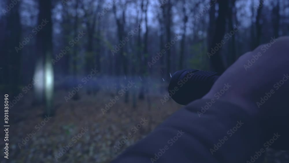 Soldier on duty examining dark forest with flashlight, security and defense Soldier on duty examining dark forest with flashlight, security and defense