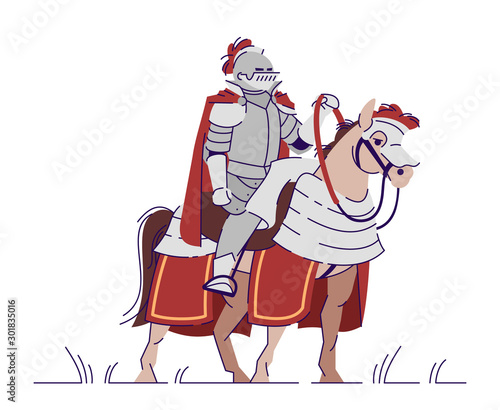 Equestrian knight flat vector illustration. Medieval crusader on horse isolated cartoon character with outline elements on white background. Historical personage. Fairytale hero, cavalry soldier