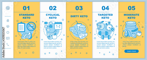 Types of keto diets onboarding mobile web pages yellow vector template. Responsive smartphone website interface idea with linear illustrations. Webpage walkthrough step screens. Color concept