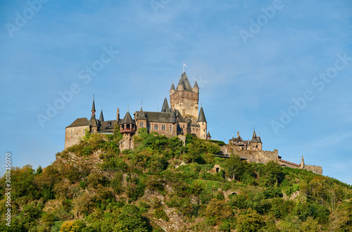 Beautiful Reichsburg castle on a hill in Cochem town, Germany