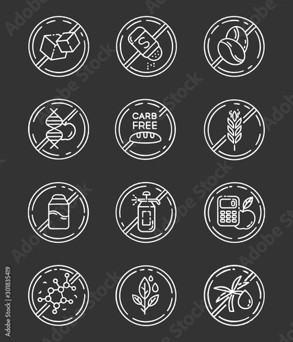 Product free ingredient chalk icons set. No paraben, pesticide, lactose. Organic food, healthy eating. Non-chemical herbs. Dietary without allergens. Isolated vector chalkboard illustrations
