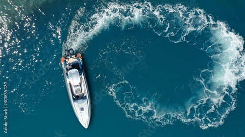 Tableau sur toile Aerial drone  top down photo of luxury rigid inflatable power boat or RIB boat m