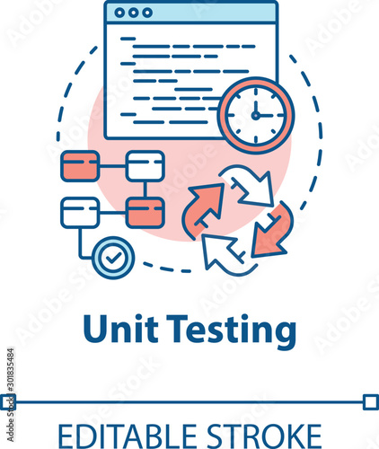 Unit testing concept icon. Software development stage idea thin line illustration. Application perfomance verification. Java source code. IT project. Vector isolated outline drawing. Editable stroke