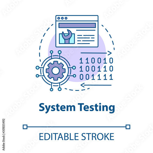 System testing concept icon. Software development stage idea thin line illustration. Application perfomance verification. IT project managment. Vector isolated outline drawing. Editable stroke