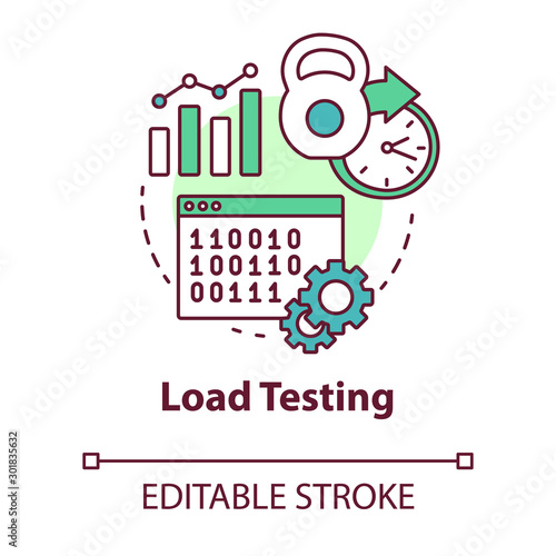 Load testing concept icon. Software development stage idea thin line illustration. System perfomance at different conditions. Non-functional testing. Vector isolated outline drawing. Editable stroke