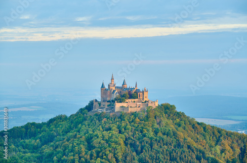 Hilltop Hohenzollern Castle on mountain top in Swabian Alps  Baden-Wurttemberg  Germany