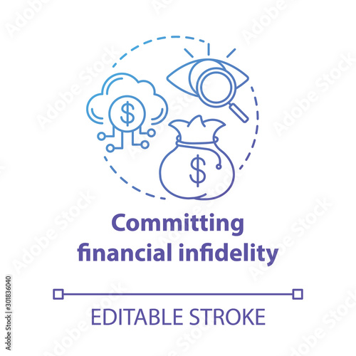 Committing financial infidelity concept icon. Dishonesty about money with partner. Financial decision secretly from family idea thin line illustration. Vector isolated outline drawing. Editable stroke