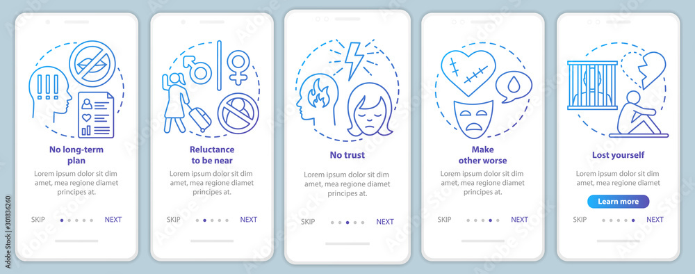 Relationship break up signs onboarding mobile app page screen with linear concepts. No long-term plan walkthrough steps graphic instructions. UX, UI, GUI vector template with illustrations