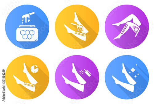 Shin waxing flat design long shadow glyph icons set. Leg hair removal with natural honey wax strips. Body depilation steps. Professional beauty treatment cosmetics. Vector silhouette illustration