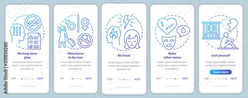 Relationship break up signs onboarding mobile app page screen with linear concepts. No long-term plan walkthrough steps graphic instructions. UX, UI, GUI vector template with illustrations