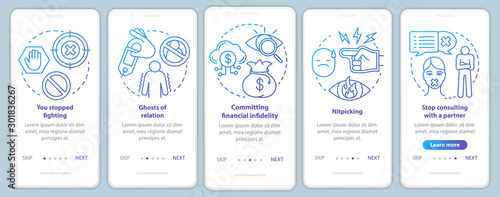 Relationship in trouble onboarding mobile app page screen with linear concepts. Nitpicking problem walkthrough steps graphic instructions. UX, UI, GUI vector template with illustrations