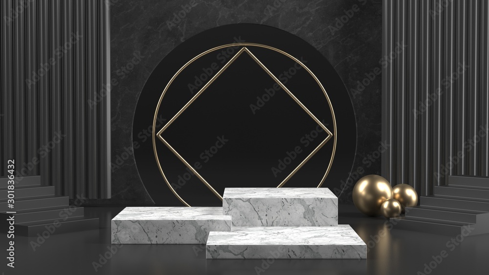 3d render image of black and white marble podium luxury background for cosmetic or another product.