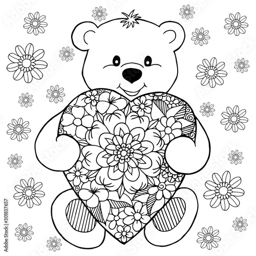 Vector illustration, a teddy bear enamored with the heart among flowers. Doodle drawing. Meditative exercises. Coloring book anti stress for adults and children. Black white. photo