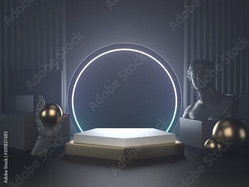 3d render image of white podium on futurism neon light and classic sculpture for cosmetic brand or another products.