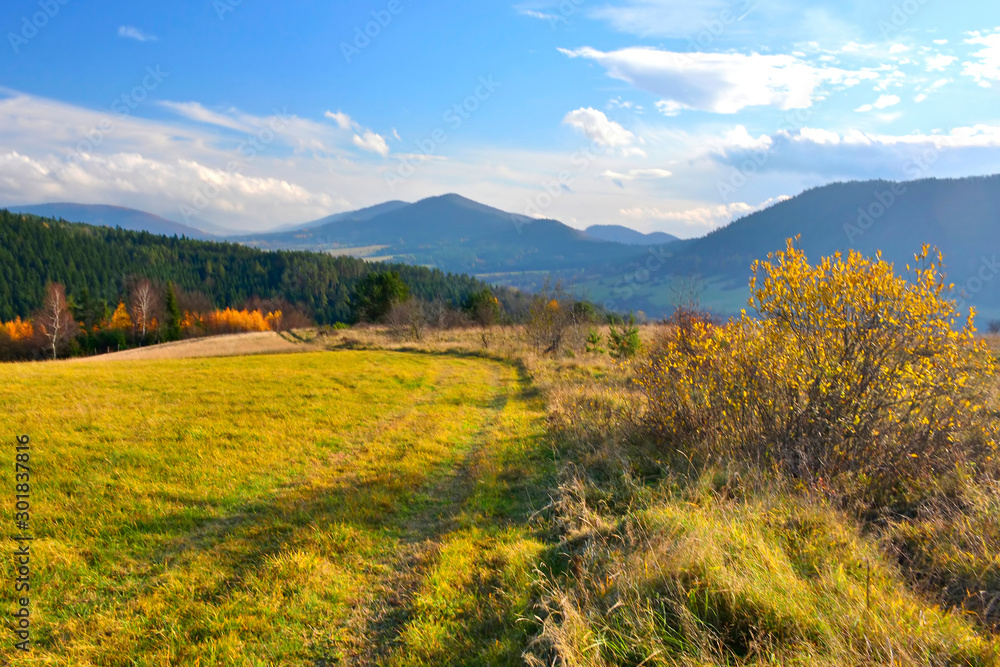 Dirt road and autumn mountains landscape in sunny day, Low Beskids (Beskid Niski).
