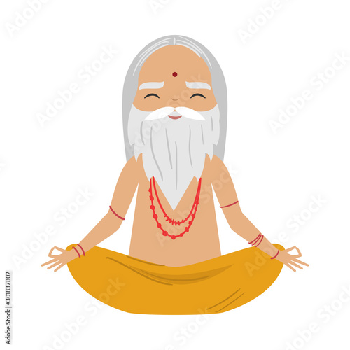 Meditating old yogi man with grey hair and beard sitting in a lotus position. Vector illustration in flat cartoon style.