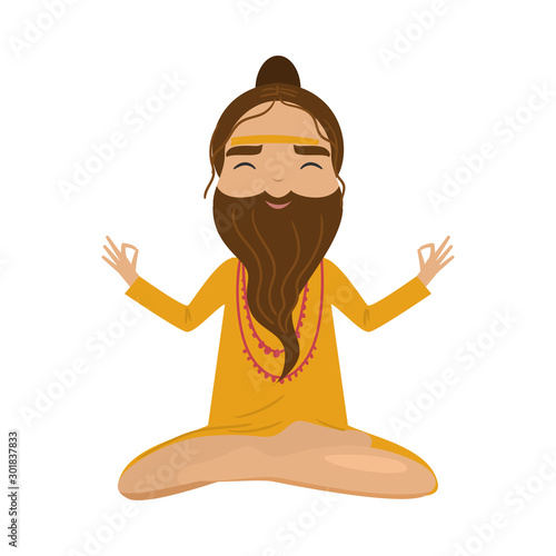 Meditating old yogi man in yellow clothes sitting in a lotus position. Vector illustration in flat cartoon style.