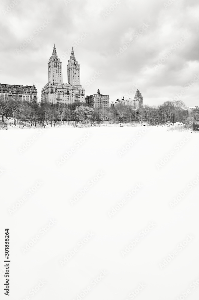 Bleak monochrome view of the Upper West Side skyline above the frozen Central Park Lake after a winter storm in New York City