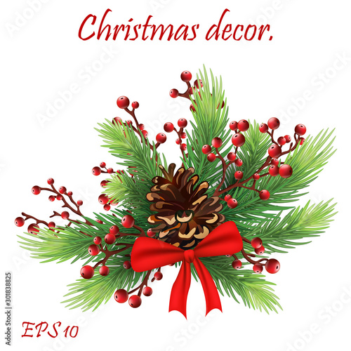 Christmas composition with cones and ribbon.Holiday print for design or background. Fir branches and pine cones with bow