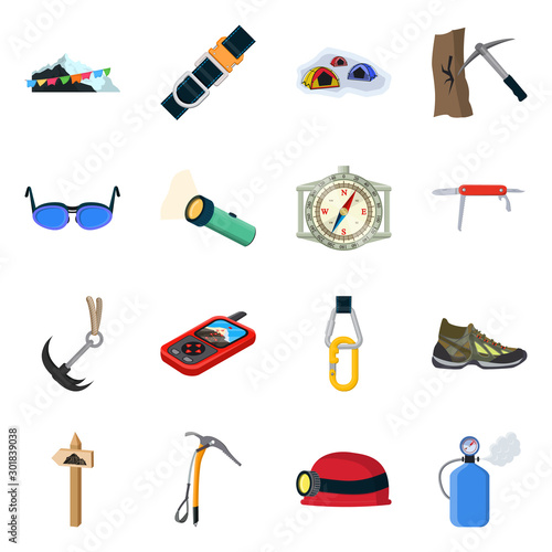Vector design of mountaineering and peak symbol. Set of mountaineering and camp stock symbol for web.