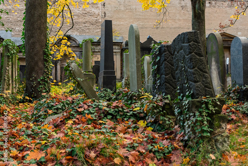 Jewish cemetery in Berlin Weißensee, old Jewish grave monuments, Jewish cemetery in the autumn, autumn farms, beautiful