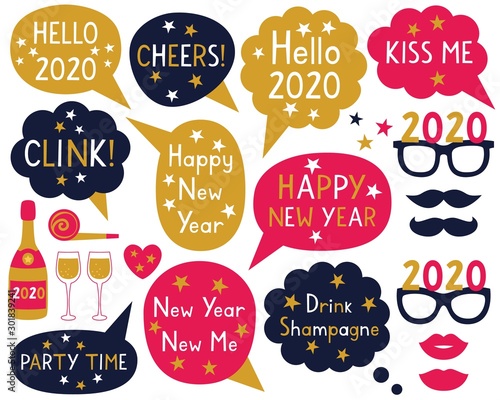 New Year party photo booth props and speech bubbles set