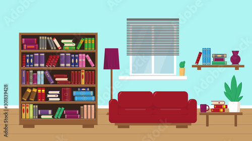 Living room with bookcase, sofa, table, lamp, bookshelves and window Interior concept