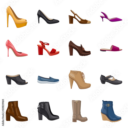 Vector illustration of footwear and woman icon. Set of footwear and foot vector icon for stock.