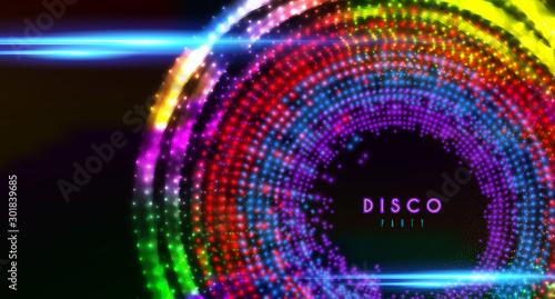 Disco party vector banner shining colored spotlights background