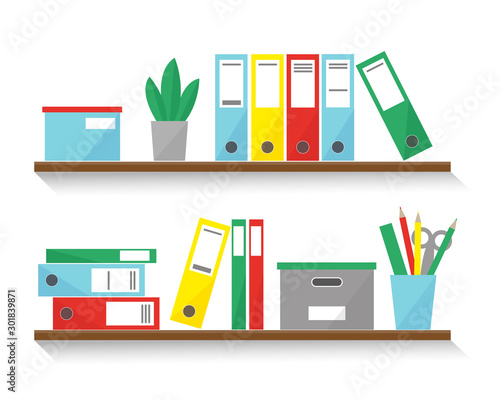 Shelves with books, boxes and folders for office interior. Vector illustration.