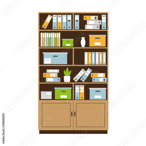 Bookcase with books, boxes and folders for office interior. Vector illustration.