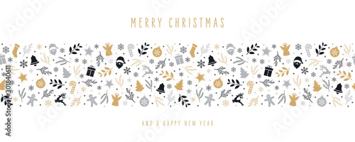 Christmas icon elements border decoration card with greeting text seamless pattern isolated white background.