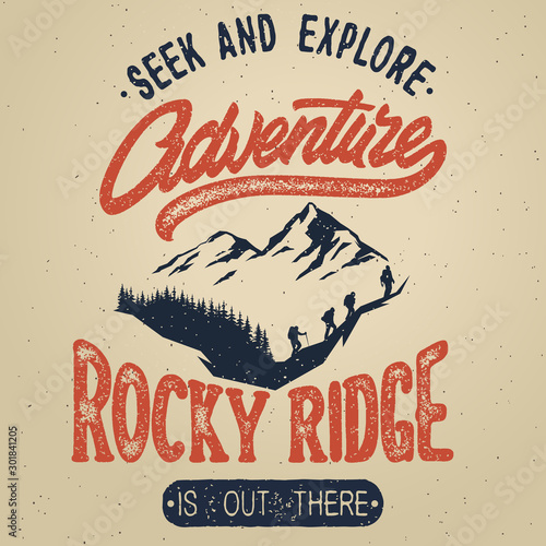 Vector vintage hand draw logotype with calligraphy elements. Adventure poster. Distressed effect
