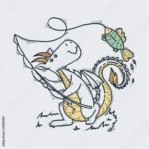 Fototapeta Naklejka Na Ścianę i Meble -  Cute cartoon dragon with fish, doodle fishing childish