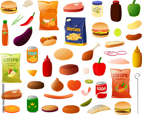 Vector illustration of various bbq food items, pantry staples and ingredients