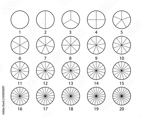Segmented circles set isolated on a white background.Various number of sectors divide the circle on equal parts. Black thin outline graphics