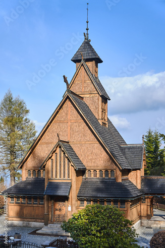 the wooden historic temple Wang in Karpacz, Poland . © GKor