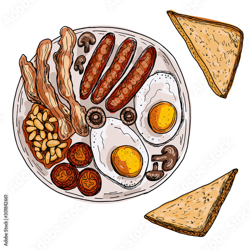 English or Irish breakfast fried eggs, sausages, bacon, beans, toasts. Hand drawn vector illustration. Isolated on white.