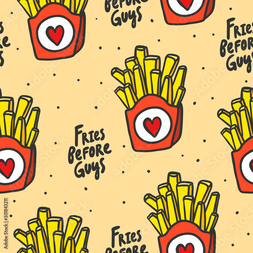 Fries before guys. Vector hand seamless pattern drawn illustration design. 