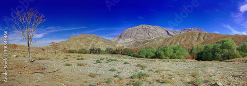 Panoramic wide angle view landscape of mountains in Turkmenistan, Central Asia