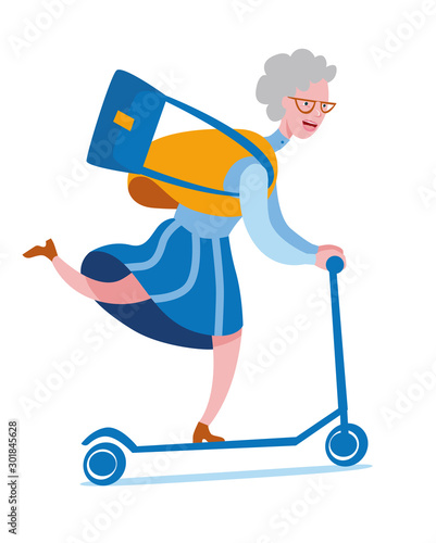 Cheerful elderly woman rides a scooter. Vector illustration on the theme of active longevity.