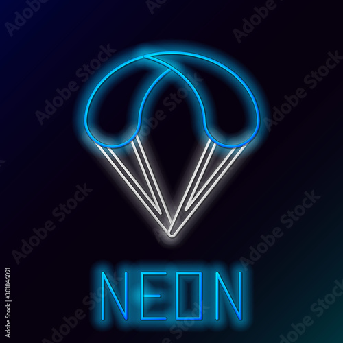 Blue glowing neon line Parachute icon isolated on black background. Extreme sport. Sport equipment. Colorful outline concept. Vector Illustration