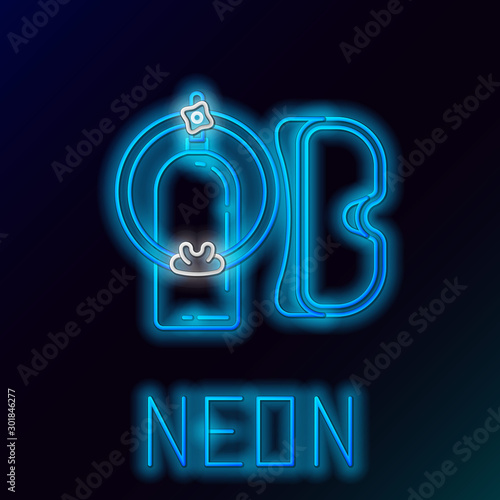 Blue glowing neon line Diving mask and aqualung icon isolated on black background. Oxygen tank for diver. Extreme sport. Sport equipment. Colorful outline concept. Vector Illustration