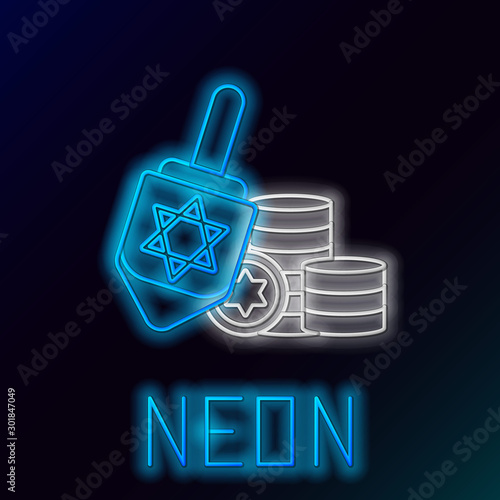 Blue glowing neon line Hanukkah dreidel and coin icon isolated on black background. Colorful outline concept. Vector Illustration photo