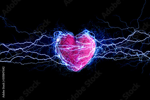 Pink-red heart with lightnings is flying on the black background. Happy Valentine's Day
