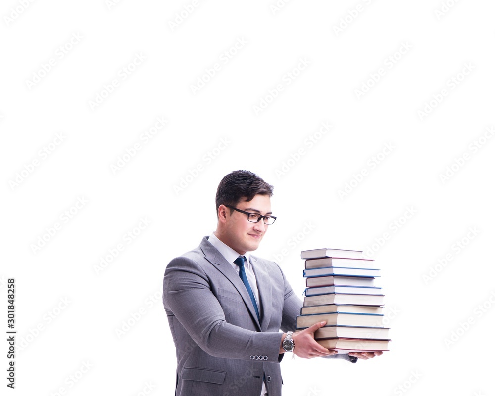 Businessman student carrying holding pile of books isolated on w Businessman student carrying holding pile of books isolated on w