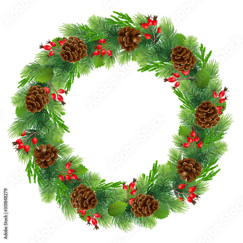Christmas wreath made from natural cones and green twigs. Flat-lay. Christmas template.