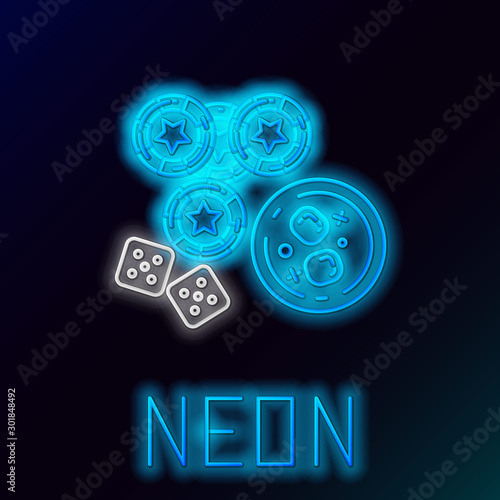 Blue glowing neon line Casino chips, game dice and glass of whiskey with ice cubes icon isolated on black background. Casino poker. Colorful outline concept. Vector Illustration